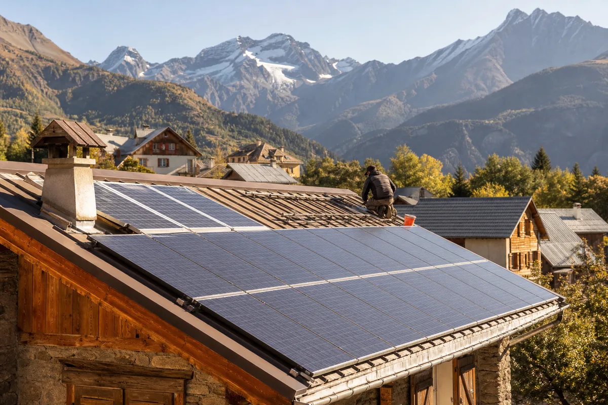 Installateur posant des panneaux solaires photovoltaïques sur une toiture